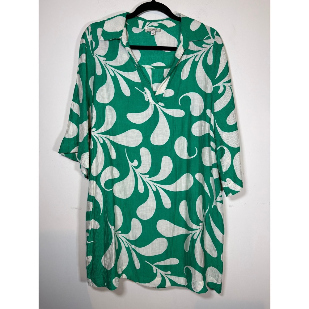 Umgee Tunic Dress Green White Leaf Print Bell Sleeve Resort Coastal Mod Size S